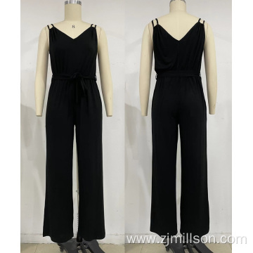 Suspended V Neck Waist Strap Straight Tube Jumpsuit